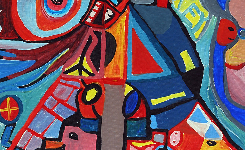 a detail of a colorful painting of abstracted faces by Joe Key