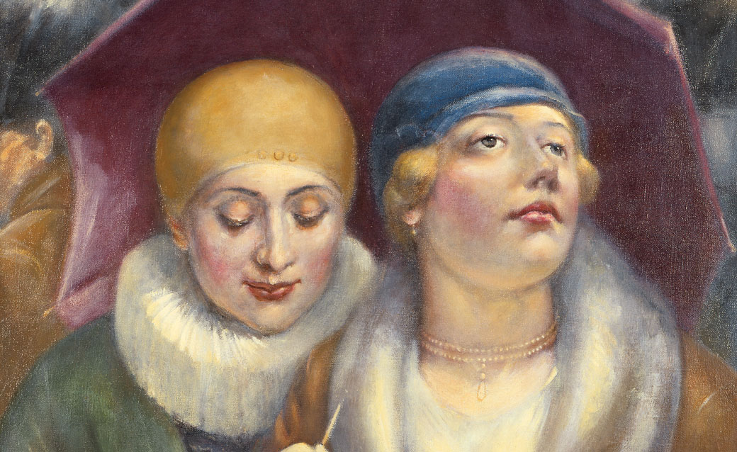 a detail from Kenneth Hayes Miller's painting "Shoppers in the Rain," which shows two snobby looking women in cloche hats and fur-trimmed coats under an umbrella