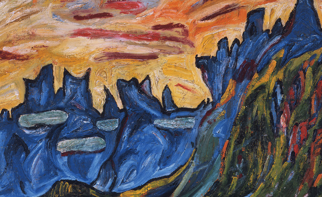 detail of William Henry Johnson's painting of the Nordic fjords, in thickly applied paint and brilliant colors, with blue and green hills and ice against a fiery sky
